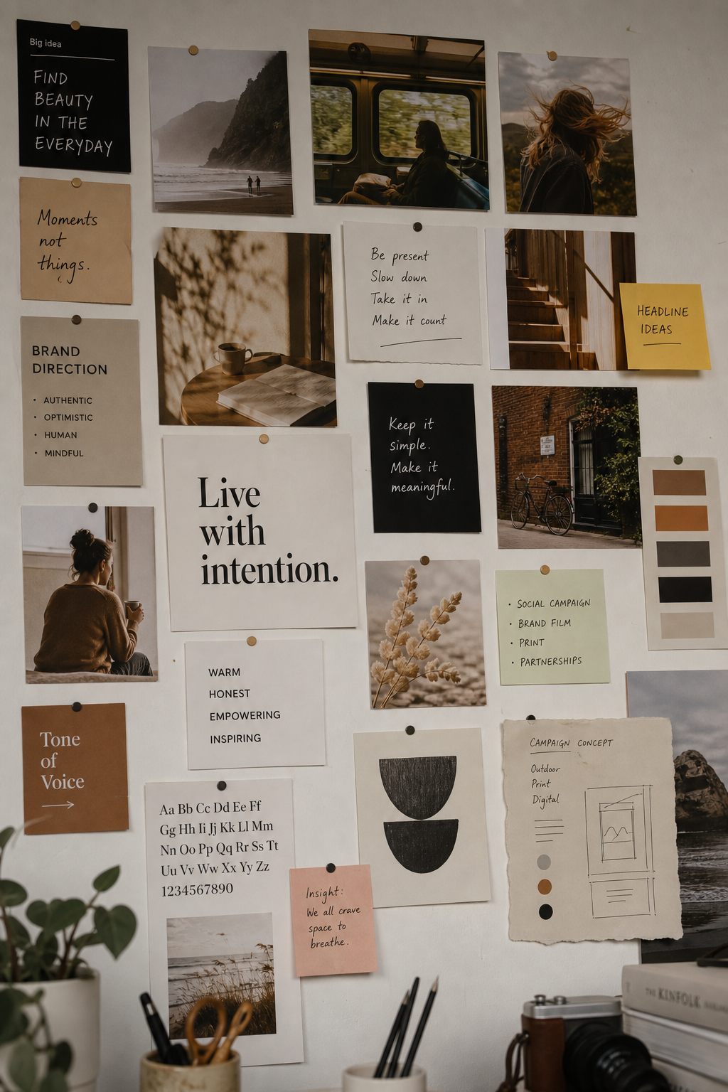 Campaign reference wall with pinned mood references for a startup identity project