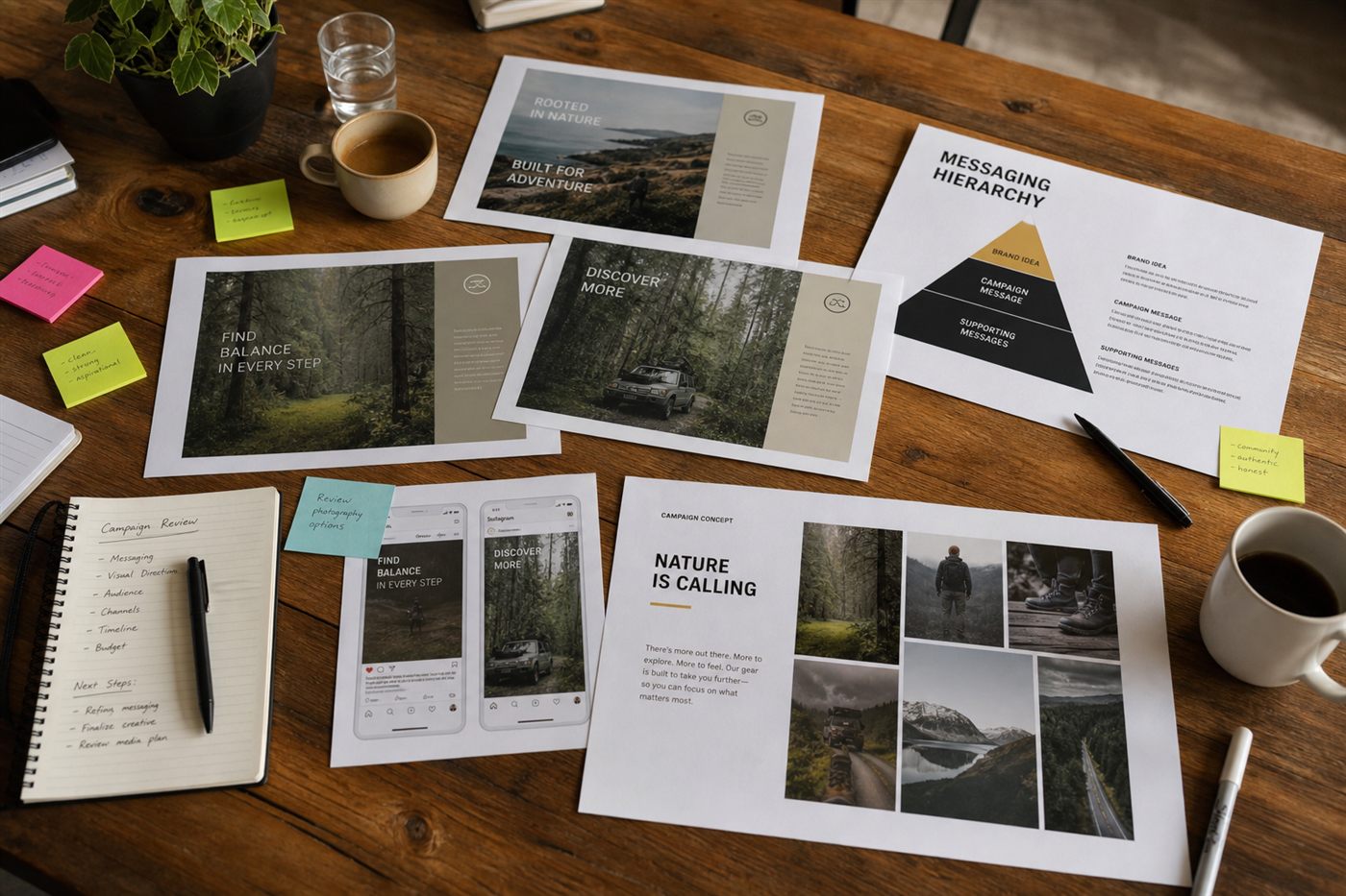 Campaign brief review session at AdCrest with messaging hierarchy and layout proofs on the table