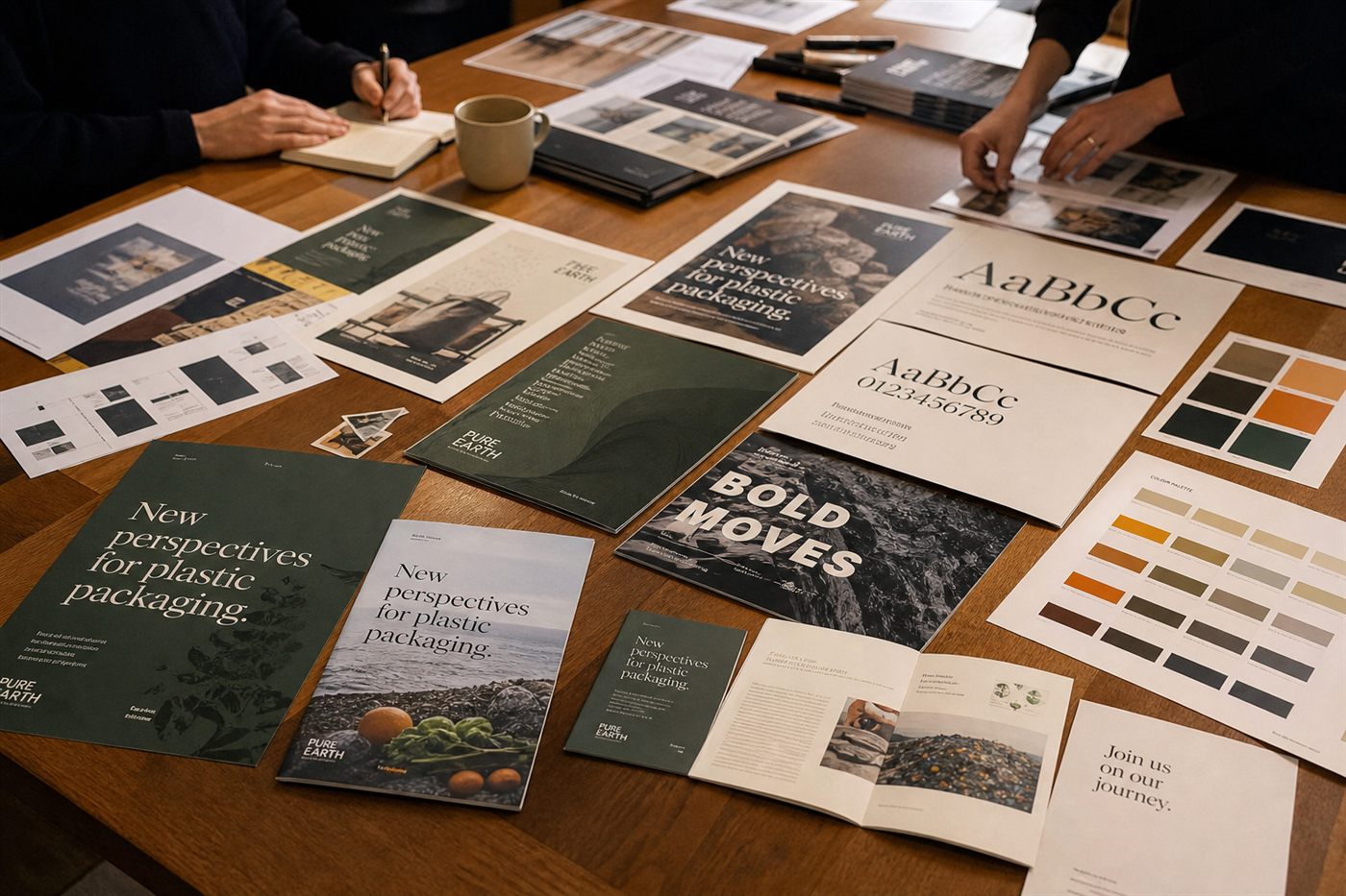 Printed campaign layouts and typography proofs for a professional services content series